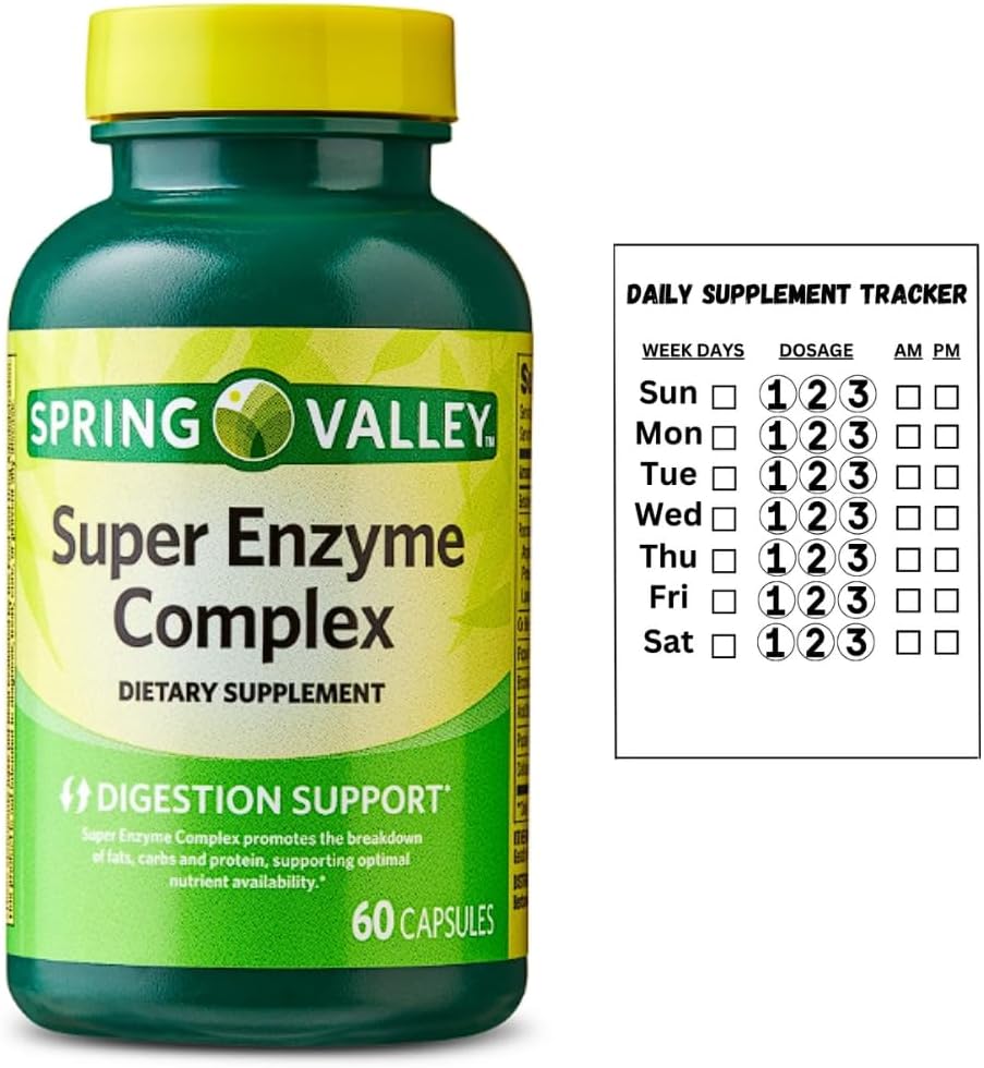 Primavera Valle Super Enzyme Complex Suplemento dietético para soporte digestivo, 60 cápsulas + pegatina de suplemento diario
