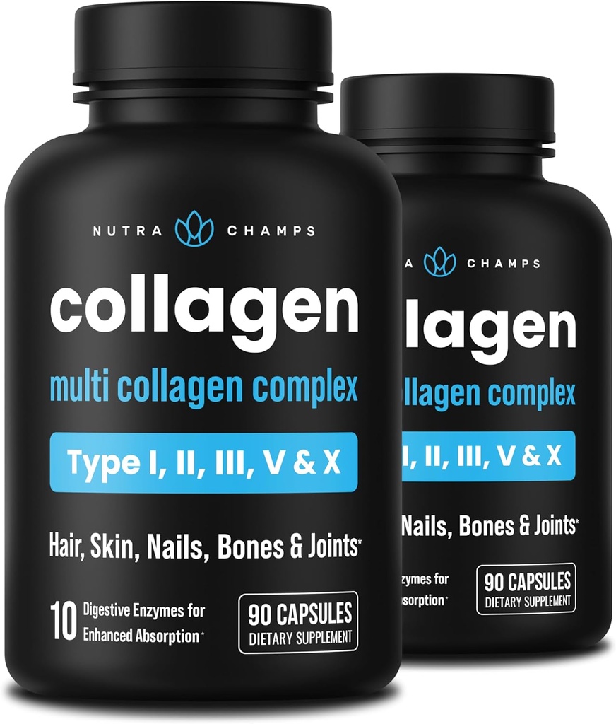 NutraChamps Multi Collagen Pills, Tipos I,II,III,V,X, Double Hydrolyzed Collagen Peptides Powder Capsules, Protein Supplement for Women & Men, 180 Capsules (Pack of 2)