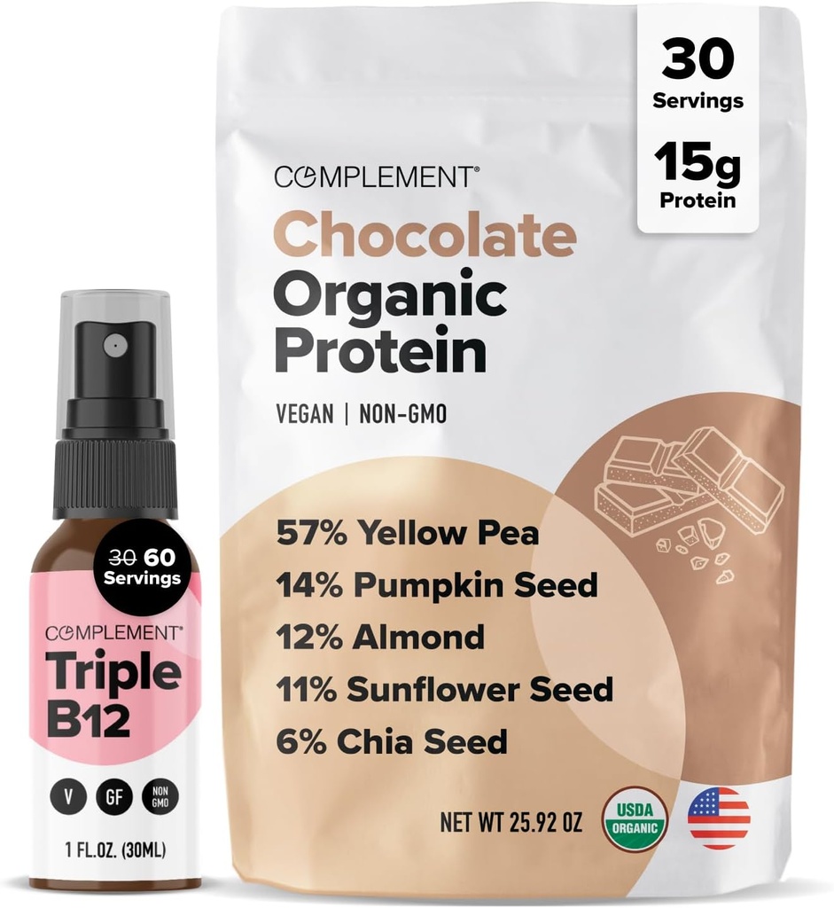 Complemento Organic Chocolate Vegan Protein Powder & Triple B12 Spray Bundle – Proteína de base vegetal y B12 esencial Suplementación para energía y bienestar