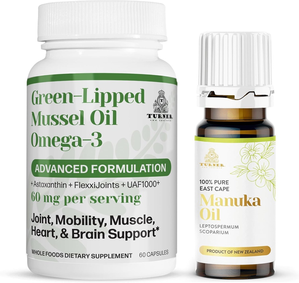 TURNER New Zealand Omega-3 Green Lipped Mussel Oil, 53x Potency Superior Joint Comfort & Mobility, No Fishy Aftertaste, 1 Botella, 60 Softgels Plus 1 Botella de Manuka Oil