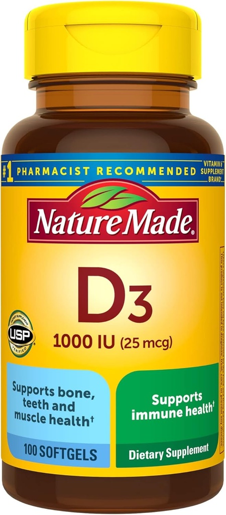 Nature Made Vitamina D3 1000 UI (25 mcg), Suplemento de vitamina D para Bone, Dientes, Muscle e Immune Health Support, 100 Softgels, 100 Day Supply