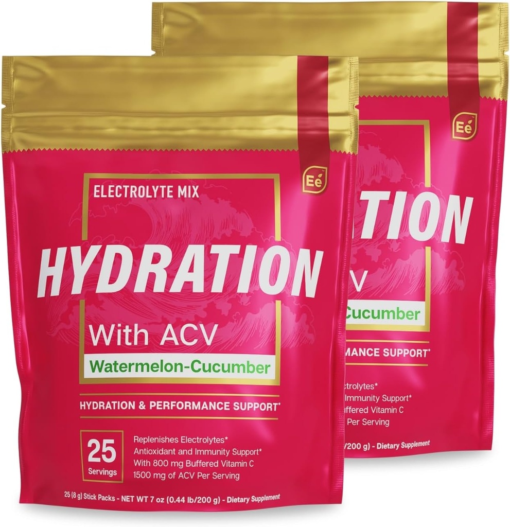 Elementos esenciales Hidration Packets - Cucumber de sandía - Electrolytes Powder No Sugar - Electrolyte Drink Mix - Hydration superior con ACV &amp; Vitamina C - 50 Stick Packs