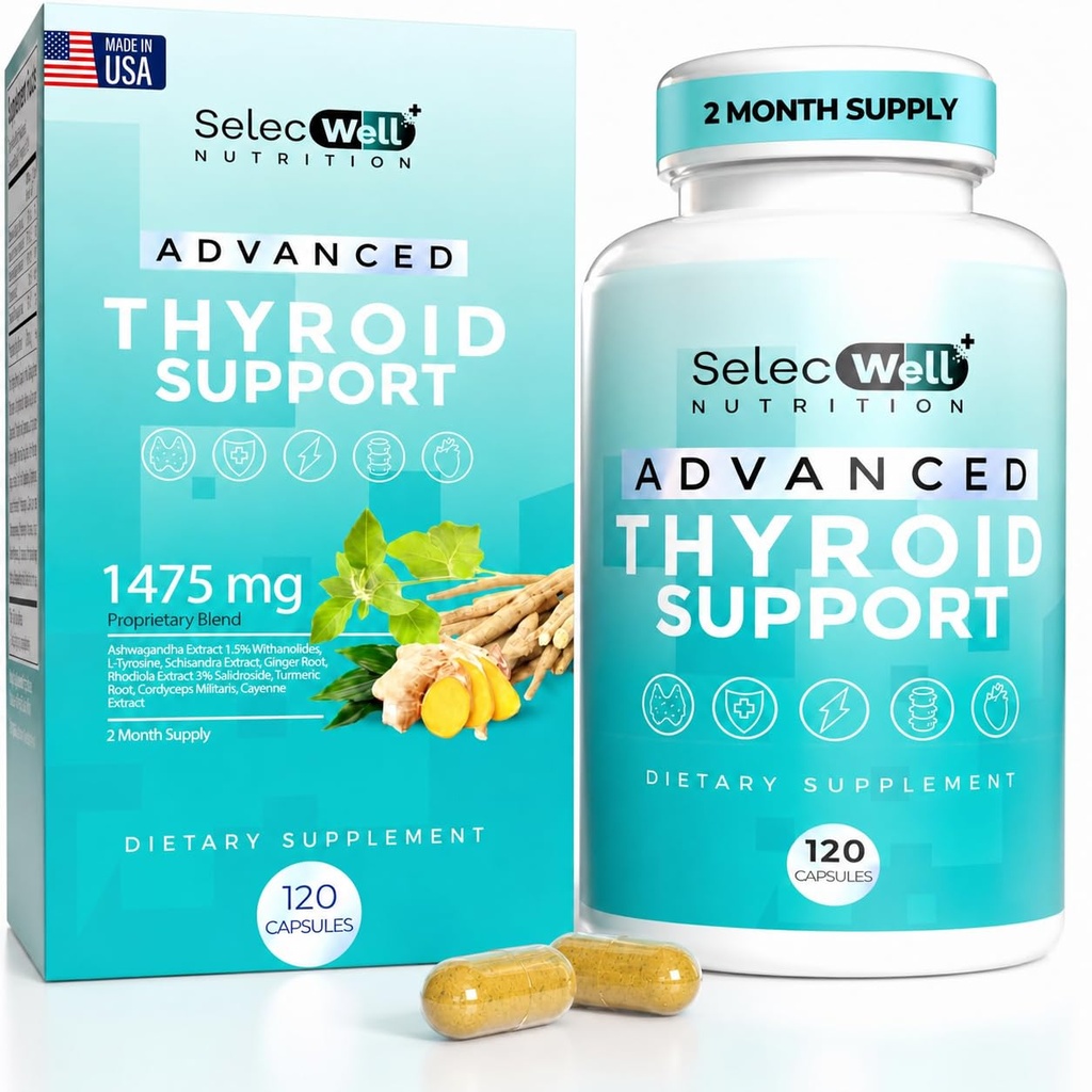 Soporte avanzado de tiroides, fuente de 2 meses – apoya la energía, Focus &amp; Hormone Balance – con Iodine, Selenium, Ashwagandha & L-Tyrosine (Vegetariano, No GMO)