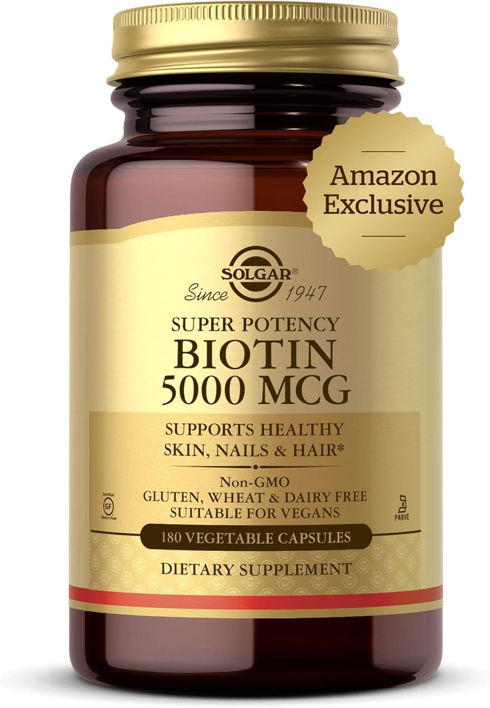 Solgar Biotin 5000 mcg - Apoya la piel sana, las uñas " el cabello - Apoya la producción energética " Metabolismo - Vitamina B - No GMO, Vegan, Gluten Free - 180 Conde