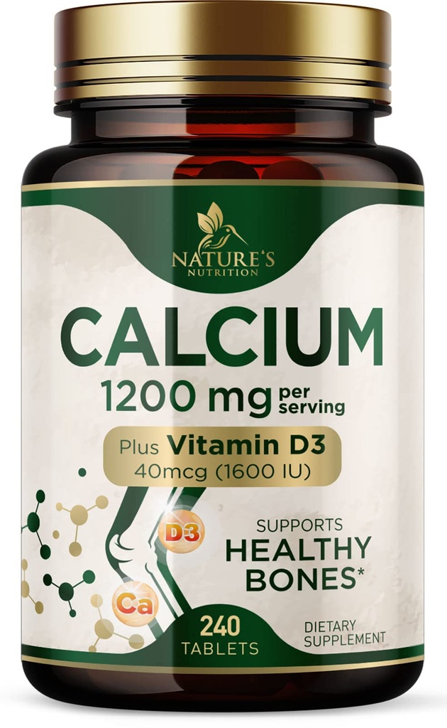 Calcio 1200 mg con vitamina D3 - Suplemento de salud ósea, vitamina D &amp; suplementos de calcio para hombres de mujeres - fuerza ósea, dientes &amp; soporte inmunológico, píldoras de calcio de la naturaleza, embotellado en EE.UU. - 240 Tabletas