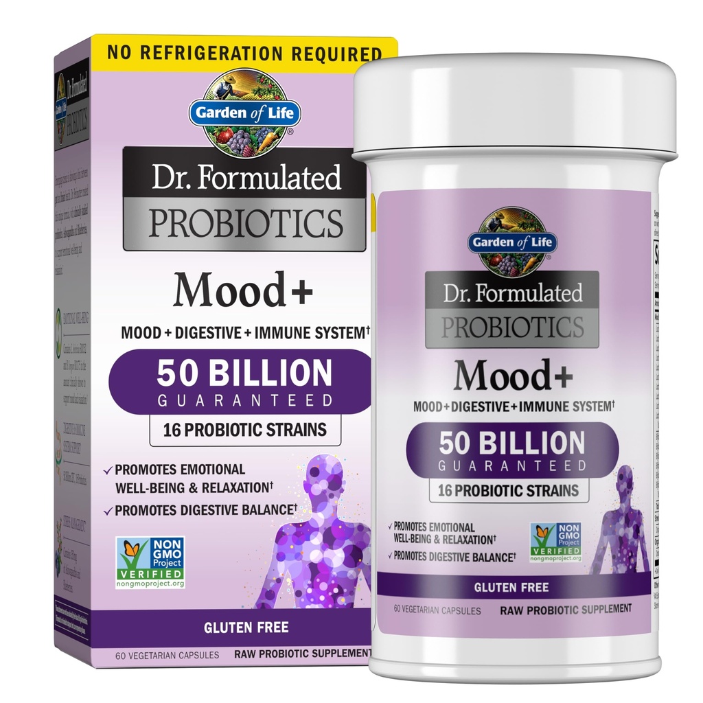 Jardín de la vida Dr. Probióticos Formulados Mood+ - 50 Billones CFU - Apoyo Relajación & Salud Digestiva - Estante Stable - 60 cápsulas vegetarianas