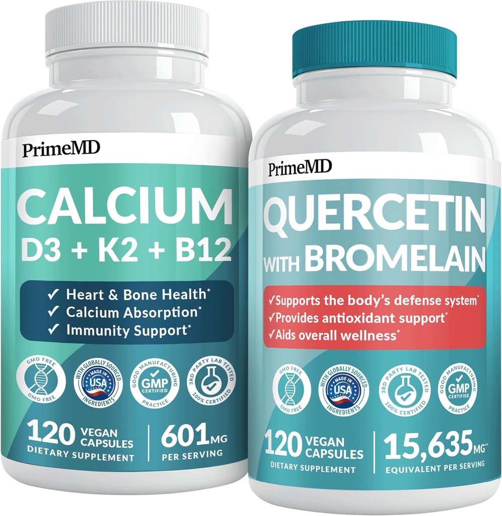 PrimeMD 4-in-1 Suplementos de calcio para Hombres o Corazón, Bone & Body Defenses (120 ct) & 28-in-1 Quercetin con Suplemento Bromelain - Quercetin 500mg Capsules for Immune Defense Support (120 ct)