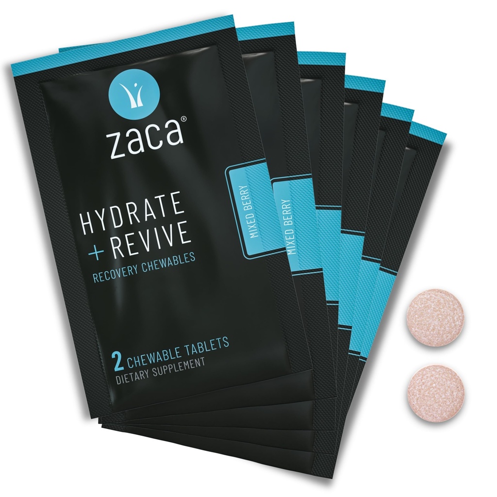 Zaca Recuperación Chewable Suplemento Silencioso Hydrate + Revive peru Party, Viajes, Ejercicio " Altitud Silencio Sugar Gratis " Gluten Free ← Berry mixed, 6 Packets = 12 Tablets