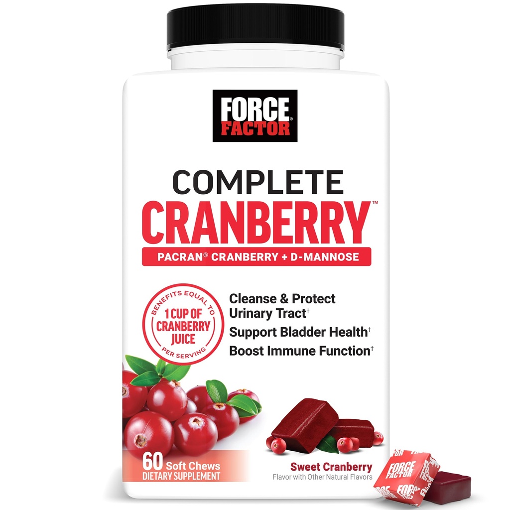 FORCE FACTOR Cranberry Soft Chews, suplemento de arándano con D Mannose y extracto de arándano para apoyar la vejiga y la salud de la tractrina urinaria para las mujeres, Vegan, dulce sabor a arándano, 60 cerdas suaves