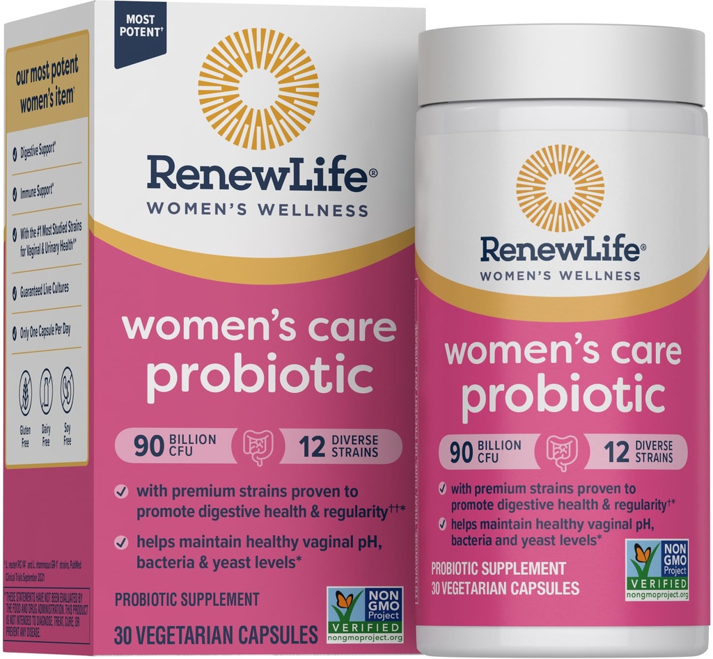 Renovar las cápsulas probióticas de las mujeres de la vida, apoya el equilibrio de pH para las mujeres, vaginal, urinaria, digestiva e inmunitaria, L. Rhamnosus GG, lácteo, soy y libre de gluten, 90 millones de UC - 30 Ct