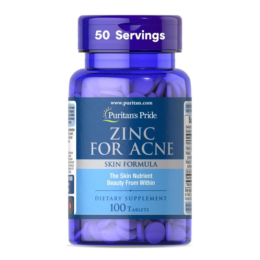 Zinc Pride de Puritan para Fórmula de Esquí de Acné con Vitaminas C, B-6, A y E para Hombres y Mujeres, Suplemento dietético para Esquí sano claro, Sistema de Inmunes, División Celular y Apoyo al Crecimiento, 100 Tabletas