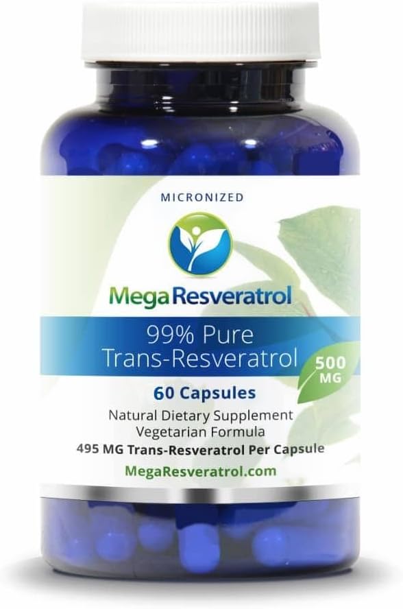 Mega Resveratrol, Grado Farmacéutico,99% Puro, Isolato, Trans-Resveratrol Micronizado, 60 cápsulas vegetarianas, 500 mg por cápsula. Pureza certificada. Absolutamente NO tóxicos "inactivos" ingredientes agregados.