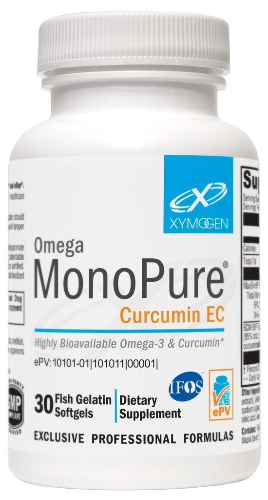 XYMOGEN Omega MonoPure Curcumin EC - Fish Oil with Enhanced DHA EPA Absorción + Extracto Turmérico - Omega-3 Suplemento para Cytokine Balance Support (30 Softgels)