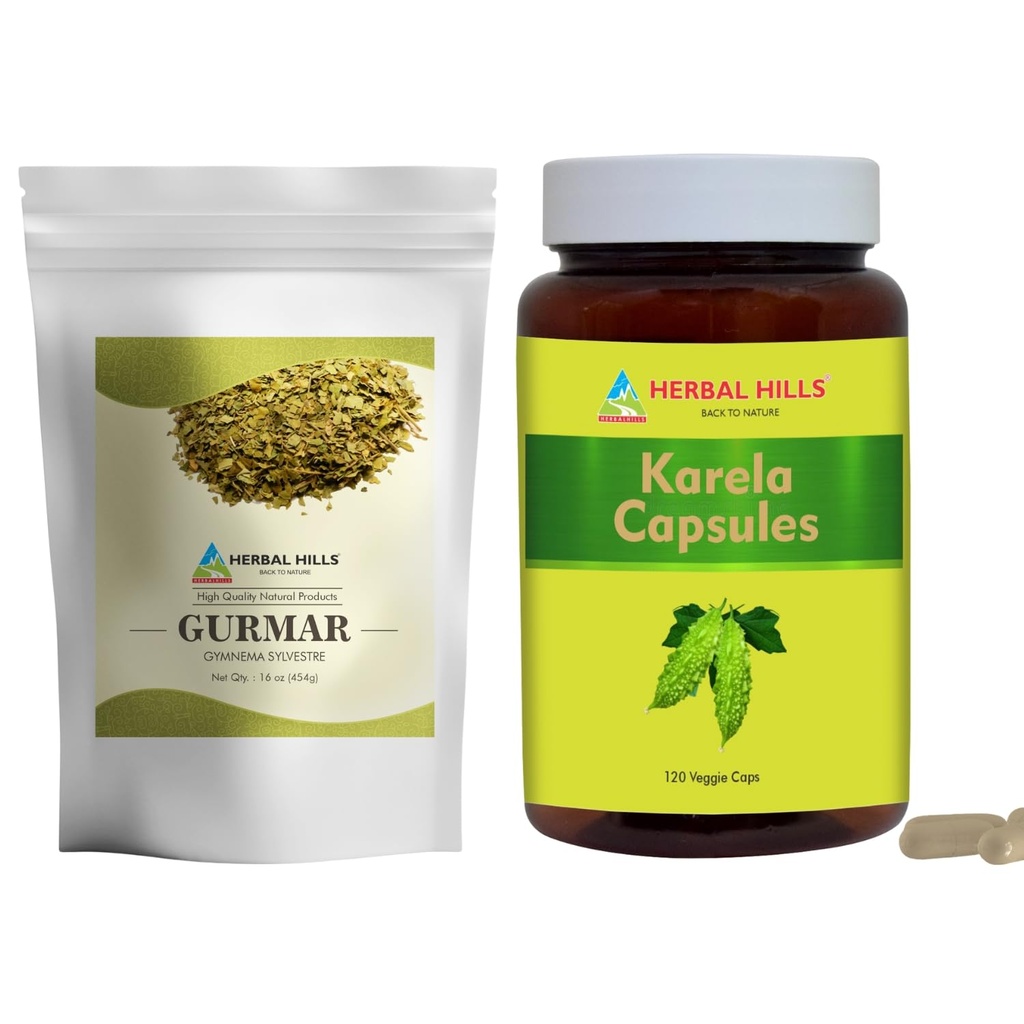 HERBAL HILLS Gurmar Tea Powder y Karela Capsules Pack de 2 Combo