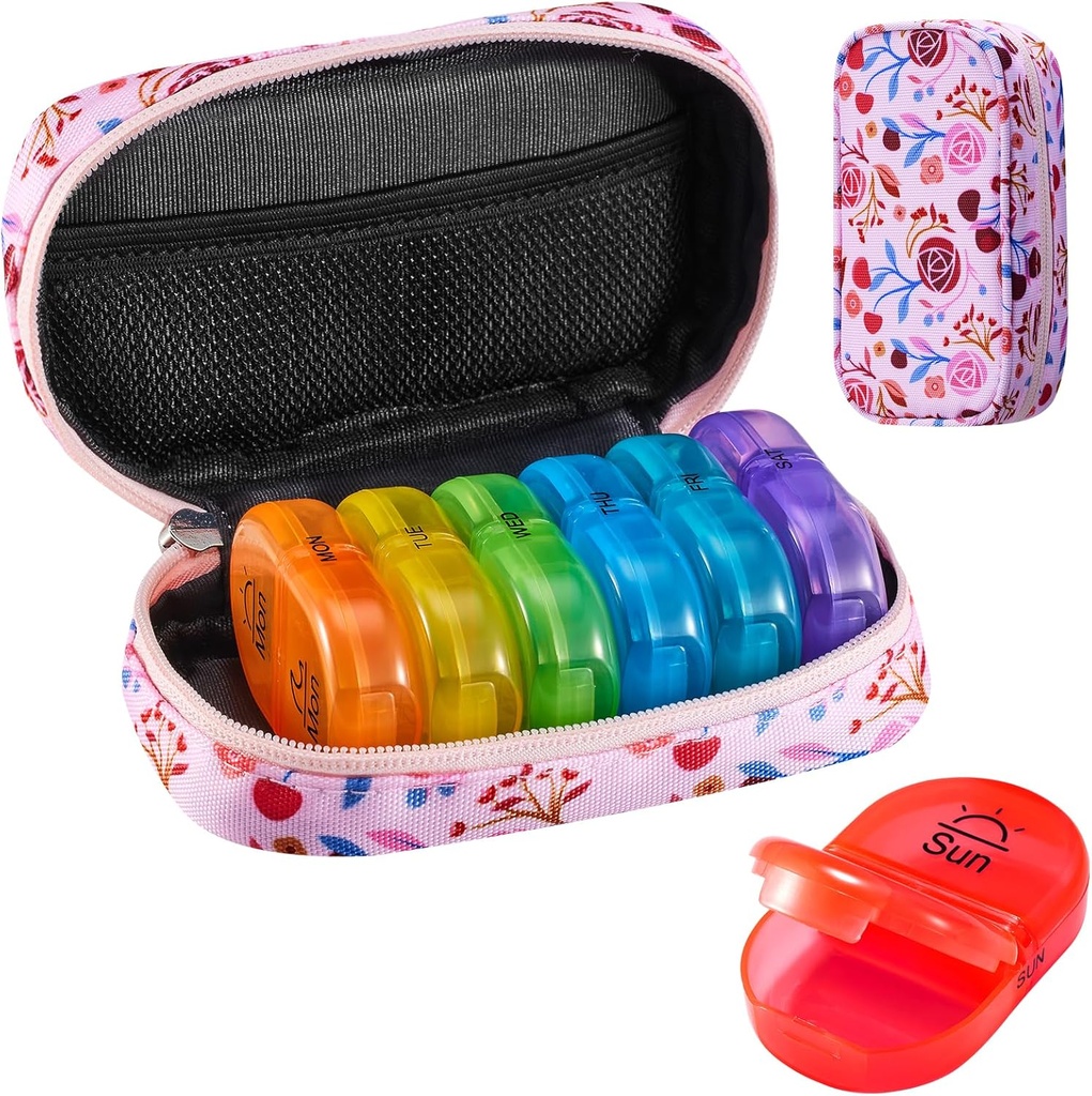Serfeymi Organizador Semanal de la Píldora 2 veces al día AM Upgraded Rainbow Pill Box 7 Day with Portable Zipper Canvas Pill Case, Medicine Organizer for Pills, Vitamins, Fish Oils - Pink 01
