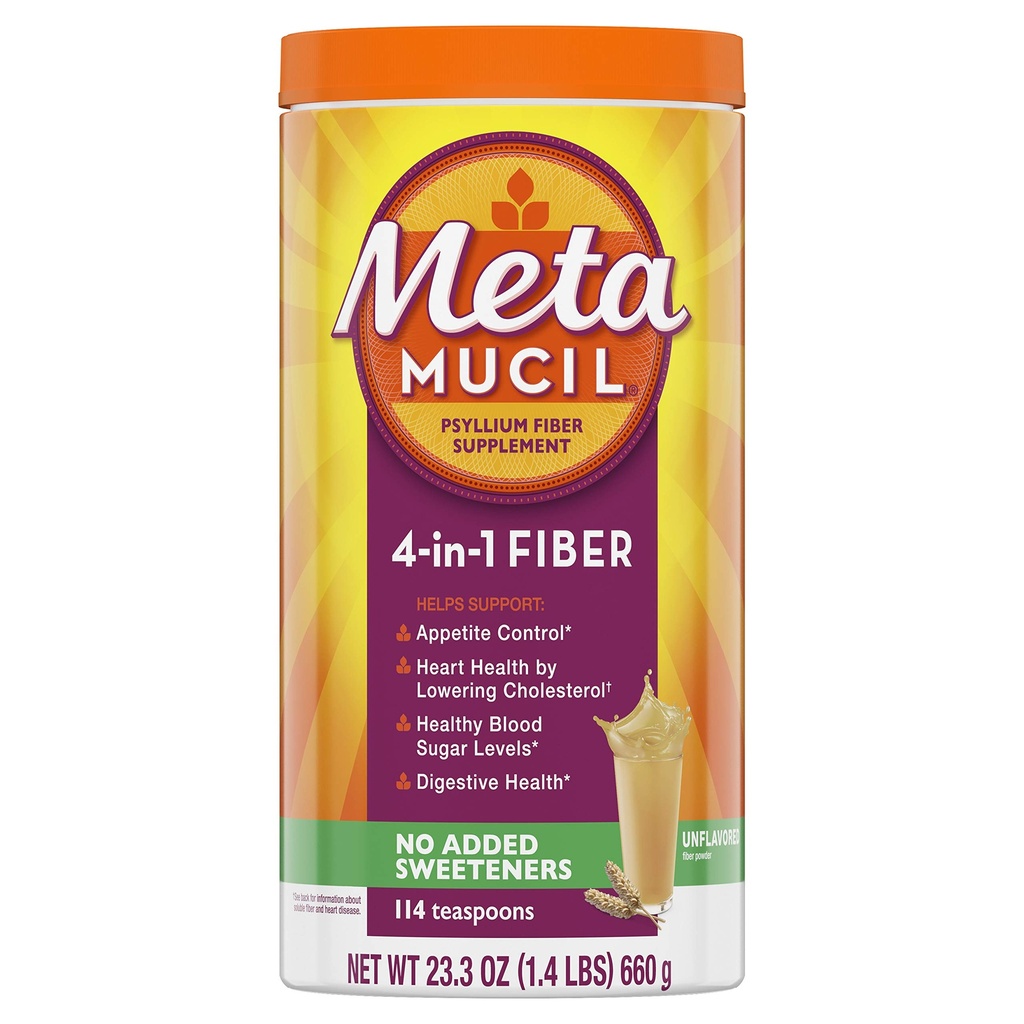 Metamucil Fiber, 4-en-1 Psyllium Fiber Supplement, Sugar Free Powder, Unflavored Drink, 114 Servings (Packaging May Vary)