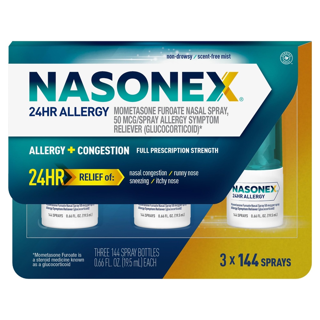 Nasonex 24HR Allergy Nasal Spray, Non-Drowsy, Scent-Free Mist,Síntomas de alergia + Congestión nasal, Full Prescription Strength, 120 Sprays (3 Pack)