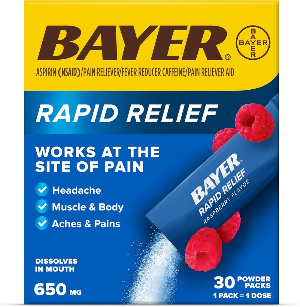 Bayer Rapid Relief Powder Packs con Aspirin & Caffeine, Dissolvable Fast Acting Pain Relief for Headache, Muscle and Body Pain, Raspberry Flavor (Packaging may vary), Pack of 3 x 10 Count