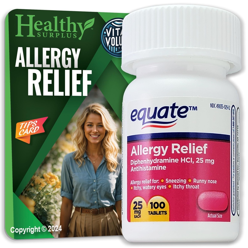Saludable Surplus® Vital Volumes Consejos Tarjeta &amp; Alivio Equate Diphenhydramine HCL, 25 mg 100 Tablets Bundle