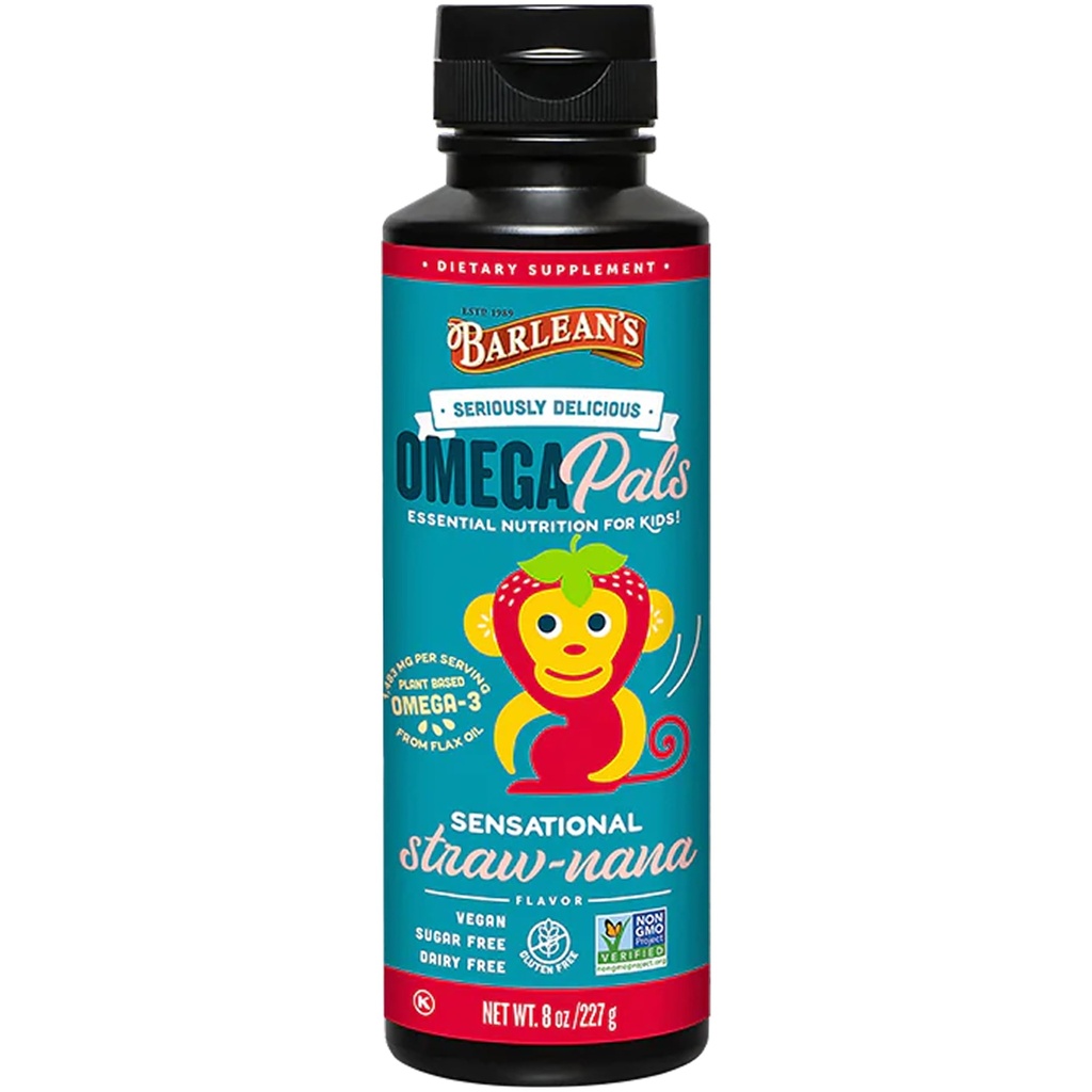 Omega Pals Omega 3 de Barlean para niños, Yummy Straw-Nana Flavored Children's Liquid Flax Seed Oil Supplement with 1,483 mg ALA, Non-GMO, Vegan Brain and Eye Health, 8 oz