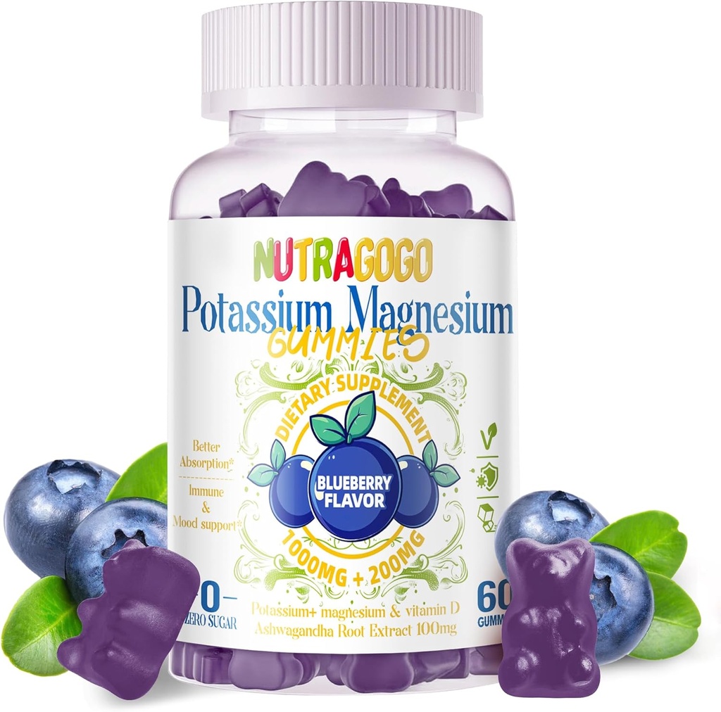 Potasio Magnesio Gummies,Potasio Suplemento w/Ashwagandha,Alta Absorción Magnesio Glycinate,B6,D3, Citrato de Potasio para cáscaras,Muscle,Electroyte para Adultos Niños,Sin azúcar, 60 Gummies