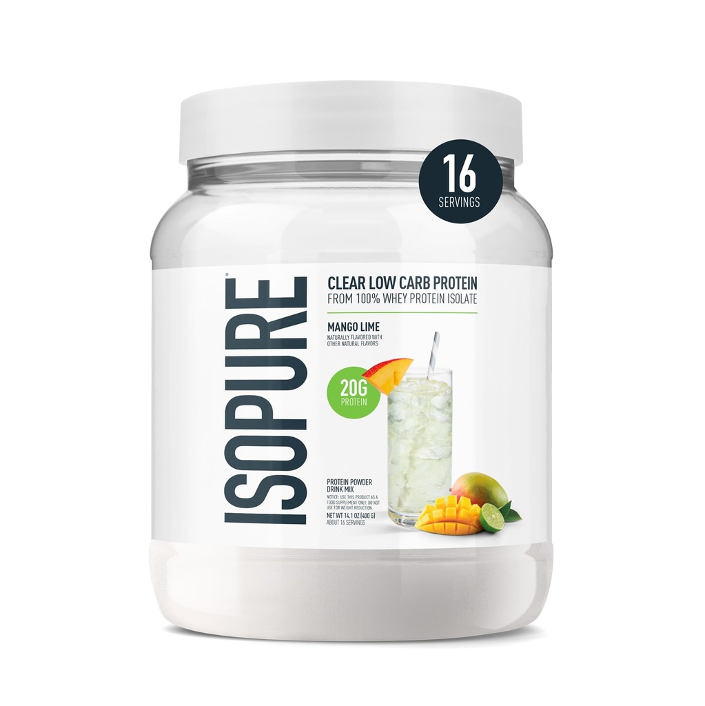 Isopure Clear Whey Isolate Protein Powder, Lactose Free, Gluten Free, Naturally Flavored, Mango Lime, 20g Protein Por Serving, 14.1 Oz, 16 Servings (Packaging May Vary)