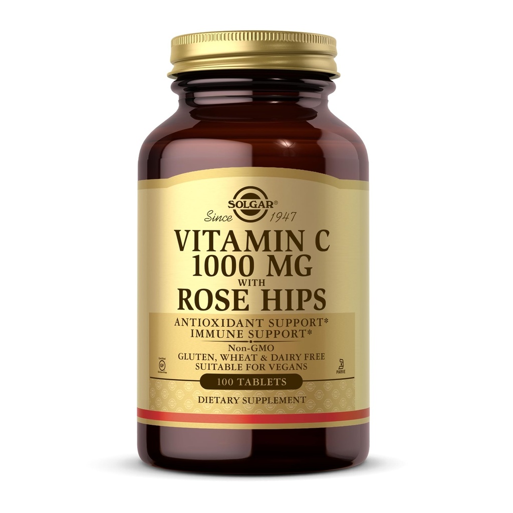 Solgar Vitamina C 1000 mg con Rose Hips - 100 Tabletas - Antioxidante & Immune Support - Non-GMO, Vegan, Gluten Free, Dairy Free, Kosher - 100 Servings