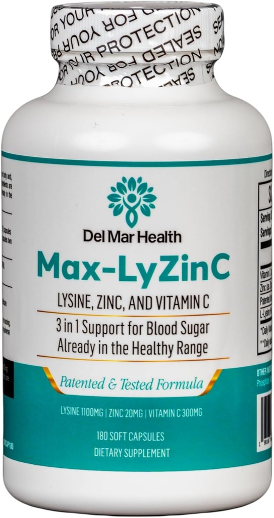 Max-LyZinC: L-Lysine 1100mg + Zinc 6 mg + Vitamina C 100 mg - 3-in-1 Suplemento para mantener el azúcar en la sangre Ya en el rango saludable - 180 cápsulas / 30 días de suministro