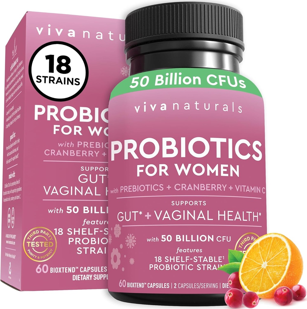 Viva Naturals Probiotics for Gut Health with Prebiotic Fiber, Cranberry & Vitamin C-50 Billion CFU Pre " Probiotics for Women Digestive Health, Vaginal Health from 18 Strains-Shelf-Stable 60 Capsules