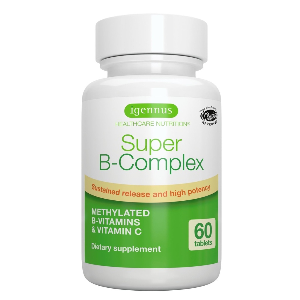 Igennus Super B-Complex Metillated B Vitaminas - Sujeto de liberación, etiqueta limpia y alta absorción, con 5-MTHF Folate " Methyl B12, Energía, Mood " Rendimiento cognitivo, Lab Verified, 60 pequeñas tablas