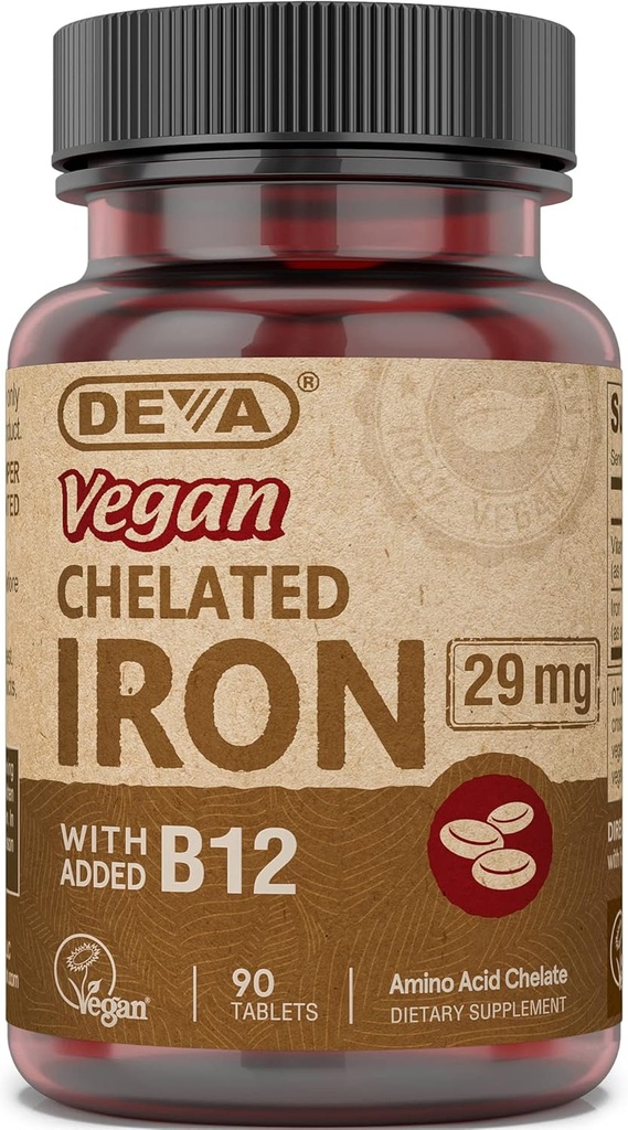DEVA Hierro Chelatado Vegano con vitamina B-12 adicional, Suplemento dietético, 29 mg, 90 conteo