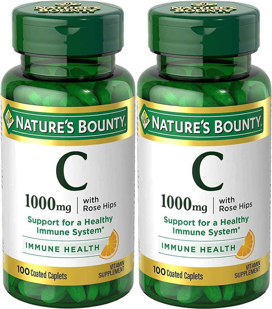Bounty Vitamin C + Rose Hips, Immune Support, 1000mg, Coated Caplets, 100 Ct - Pack of 2