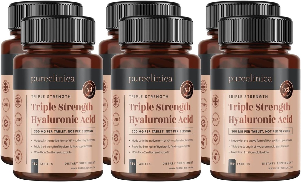 Purclinica Ácido hialurónico 300mg x 1080 Tabletas (6 Botellas de 180 Tabletas - 3 Años de suministro). Ácido hialurónico de fuerza triple. 300% más fuerte que cualquier otro HLA Tablet