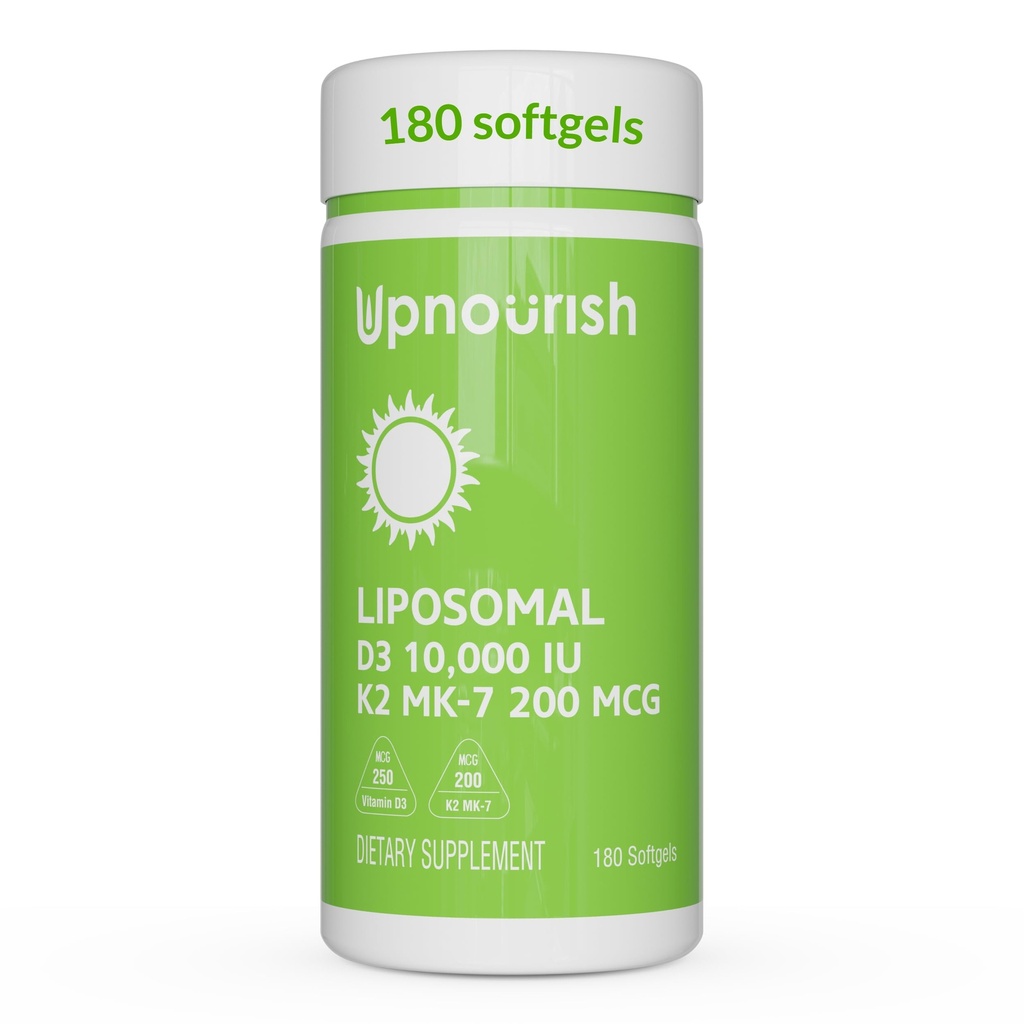 UpLiposomal nourco D3 K2 Vitamina 10000 UI D3 y K2 MK-7 200 mcg - 180 Vitamina D3 k2 (Vitamina D3 con K2) Mini Softgels - Fácil de absorber K2 D3 Vitamina