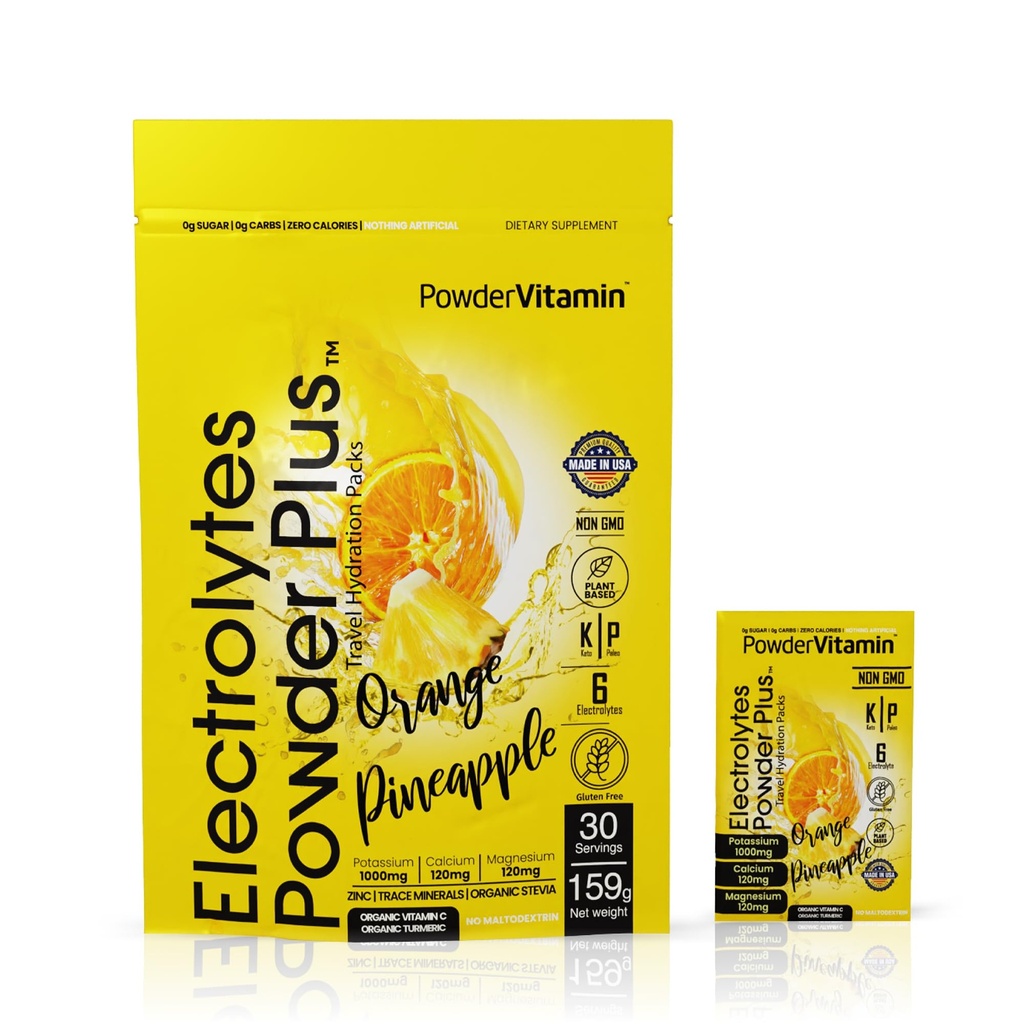 PowderVitamin Electrolytes Powder Plus, Keto, Orange Pineapple, Sugar Gratis, 1000 mg de Potasio, 120 mg de Calcio, 120 mg de Magnesio, No GMO, Cero calorías, 30 paquetes de hidratación