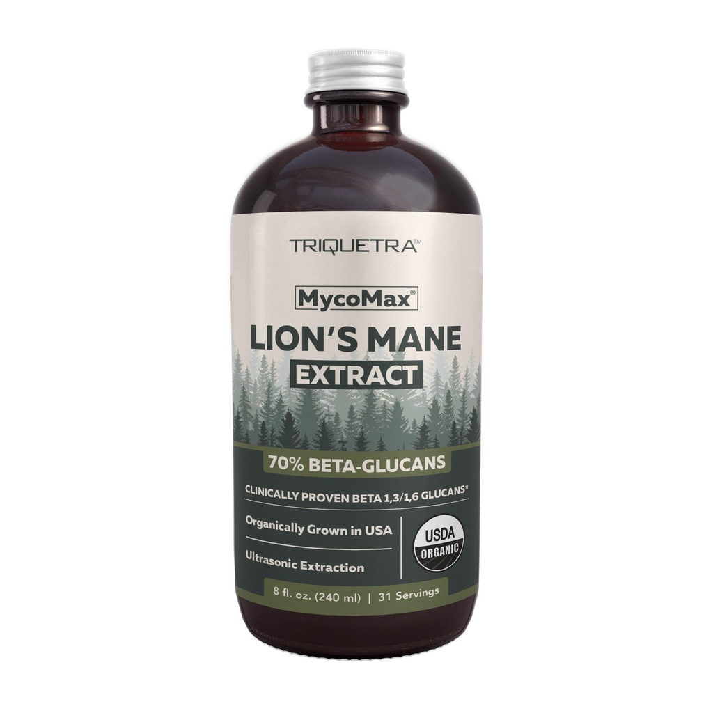 MycoMax Lions Mane Extract - 70% Beta Glucans, Max Potency Organic Lions Mane Supplement, US Grown + Extracción Ultrasónica - 500 mg por porción - Claridad Mental, Focus and Memory - 8 oz.