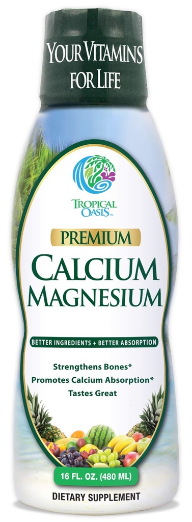 Oasis Tropical Calcio líquido &amp; Magnesio - Fórmula natural w / soporte para huesos fuertes - Vitaminas líquidos w / calcio, - 16oz, 32 Serv.