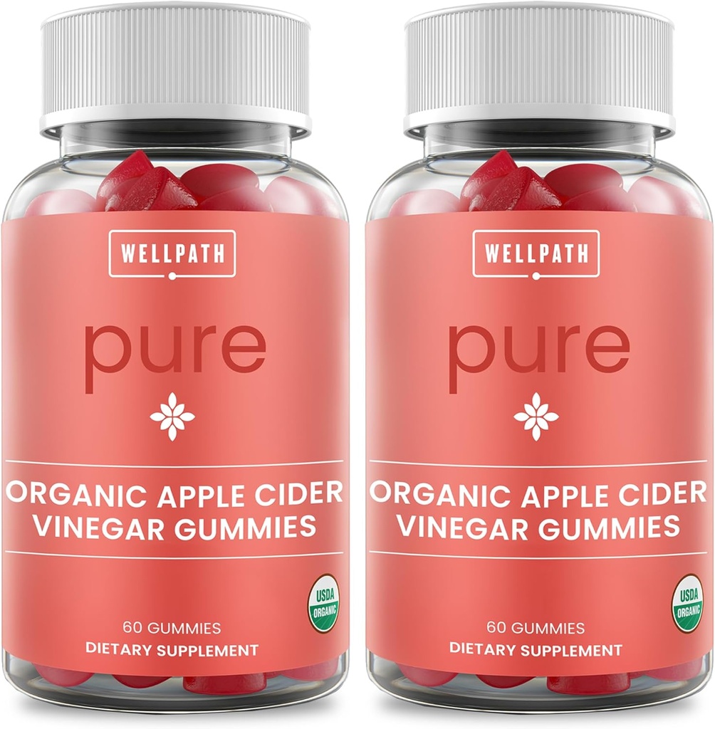 WellPath Pure ACV Gummies (2 Pack) - Apple Sider Vinegar with Mother - USDA Organic Gummy with Ginger for Gut Health ← Vegan, Non-GMO, 120 Ct