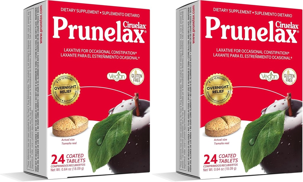Prunelax Ciruelax Tablas laxantes de fuerza regular - Laxante de base natural-ingrediente para el estreñimiento ocasional, Alivio de noche predecible con extractos de hoja de senna, 8-12 Hr de acción rápida - 24ct
