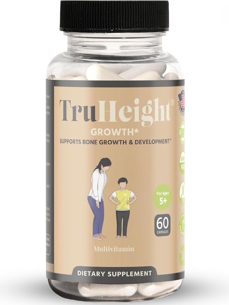 TruHeight Growth Capsules - Natural Growth & Development Suplemento para niños y adolescentes - Avalado por pediatras - Vitamina D, K, Calcio " Ashwagandha - Cápsulas de fuerza ósea - Vitaminas infantiles, Edades 5+