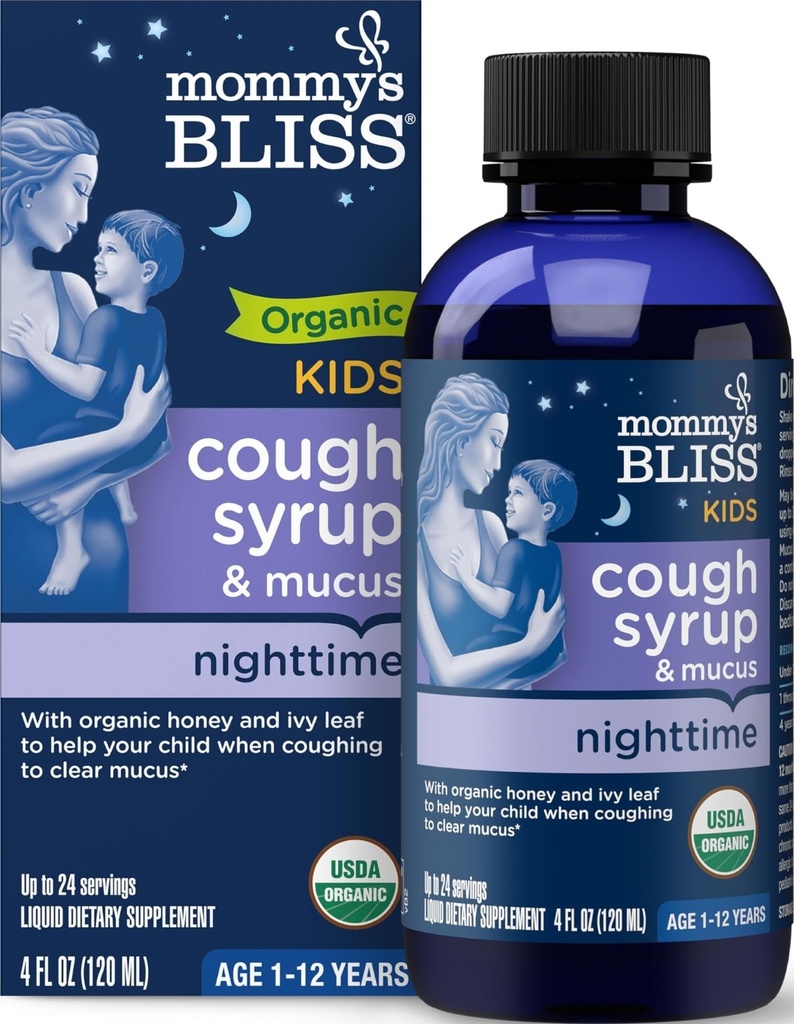 Mami's Bliss Organic Kids Cough Syrup &amp; Mucus Relief for Night Time, Agave & Honey, Ivy Leaf, Zinc, Vitamina C, +Herbal Nighttime Blend, 4 Fl z