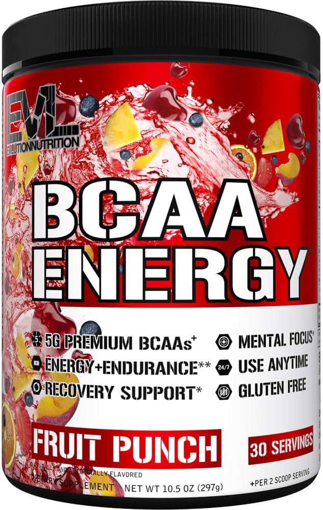EVL BCAAs Aminoácidos Polvo - BCAA Energy Pre Workout Powder para recuperación muscular Crecimiento y resistencia del magro - Rehidratación BCAA Powder Recuperación de Postes Bebida con Caffeine Natural - Fruit Punch