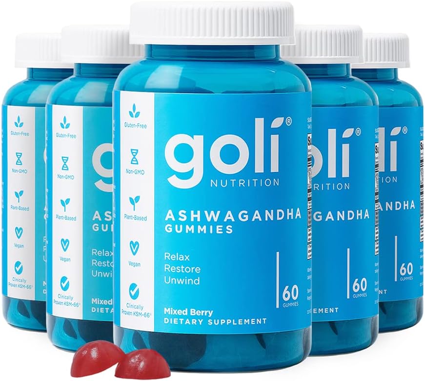 Goli Ashwagandha & Vitamin D Gummy - 300 Conde - Berry mixto, KSM-66, Vegan, Planta base, No Gluten-Free & Gelatin Relájate. Restaurar. Relájate, Pack de 5
