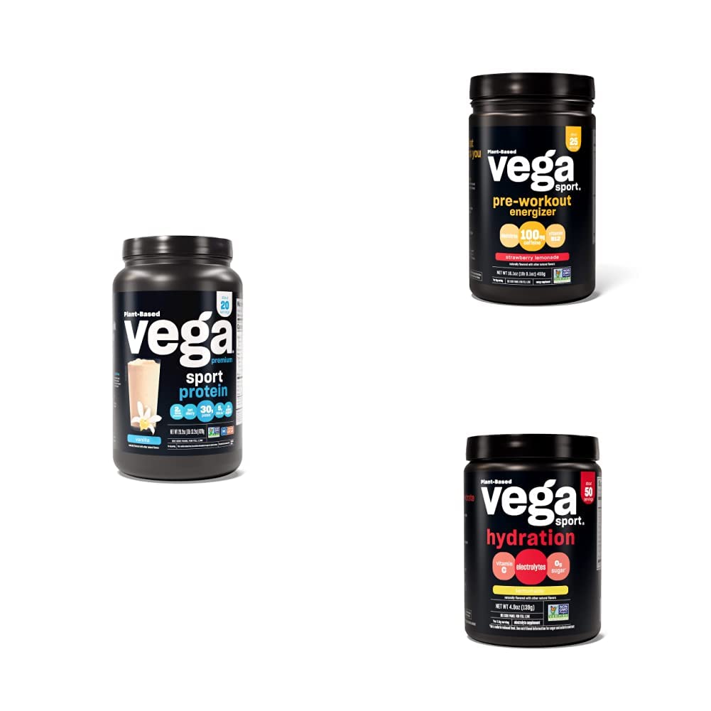 Vega Sport Routine Bundle - Premium Vanilla Protein Powder (20 Servings) Strawberry Lemonade Preworkout Energizer (25 Servings) y Lemonade Electrolyte Hydration (50 Servings)