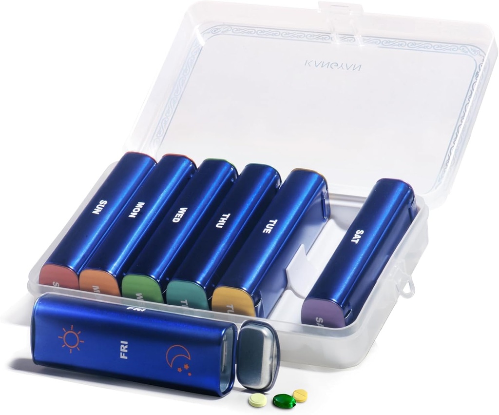 Metal organizador semanal de píldoras 2 veces al día, aleación de aluminio caja de píldoras de viaje portátil 7 día, PM Twice Daily Pill Case for Vitamin, Medicine, Supplement, Fish Oil