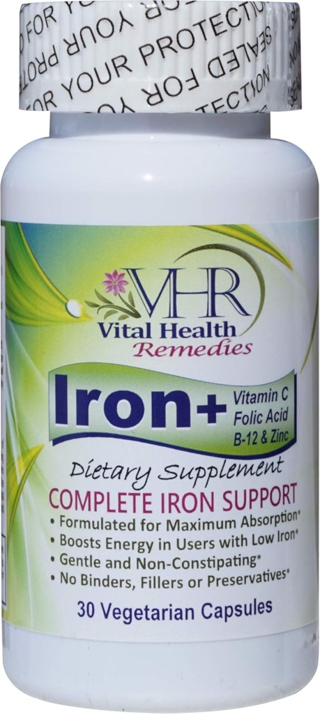 Hierro+ con vitamina C, ácido FOLIC, B-12 &amp; ZINC Fórmido libre, suave y no exigente Formulado para la absorción máxima. 30 gorros vegetales - Remedios de Salud Vital