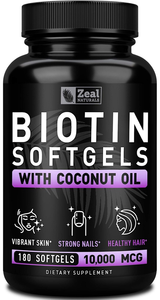 Zeal Biotina 10000mcg con aceite de coco orgánico Softgels ← Vitamina Biotina Suplemento rígido Esquí y uñas de pelo Vitaminas para hombres y mujeres rígida 6 mo Supply - 180 Gel Capsules