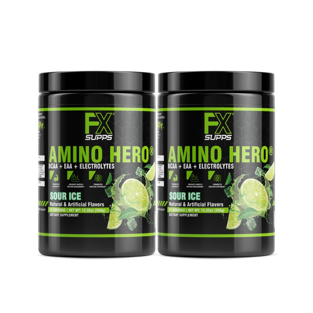 FXSUPPS Amino Hero Sour Ice Flavor (50 Servings) ← Post-Workout Recovery Bebida para Hombres y Mujeres ← Energy Powder Mix with BCAA, EAA, and Electrolytes ⋅ Promotes Endurance and Healthy Muscles - 2 Pack
