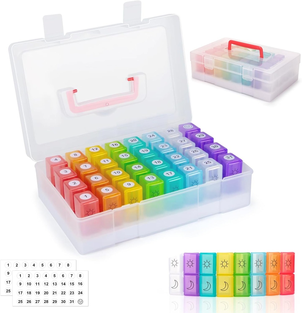 Organizador de píldoras mensuales 2 veces al día, 30 días organizador de píldoras 2 veces al día, cajas de plumas y organizador 2 veces al día con caso de viaje, caja de plumas de la madre Am Pm Mes Organizador con 32 Compartimientos diarios