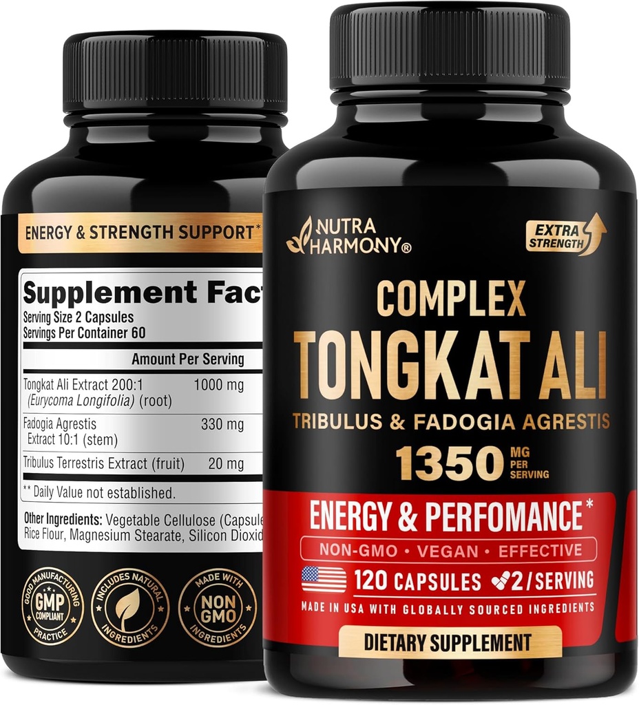Complejo Tongkat Ali Men 1350mg - Fadogia Agrestis ANTE Tribulus Terrestris - Energy, Strength & Performance Support - Extra Strength 200:1 Extract - 3rd Party Tested, Made in USA - 120 Capsules / 2 Mes
